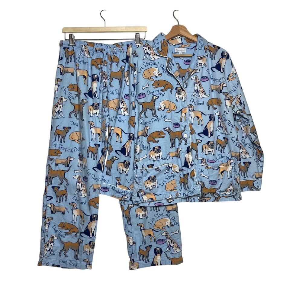 Pajamagram Pajamas 2-Piece Set Dog Tired Print Sz L Flannel Button-Front Sz L